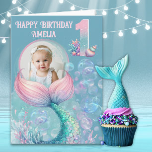 One Photo Mermaid Tail 1st Birthday Card