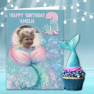 One Photo Mermaid Tail 3rd Birthday Card