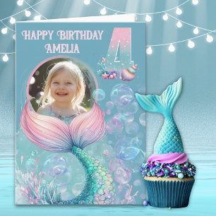 One Photo Mermaid Tail 4th Birthday Card