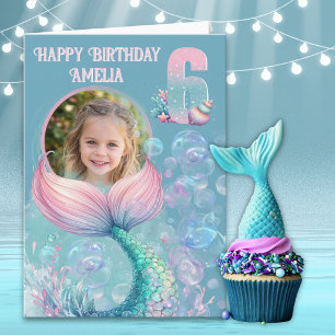 One Photo Mermaid Tail 6th Birthday Card