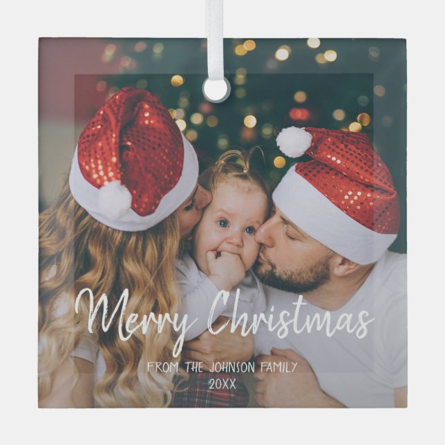 One photo Merry Christmas family modern text  Glass Tree Decoration (Front)