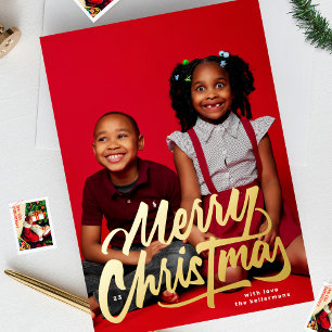 One Photo Merry Christmas Typography SIMPLE GOLD Foil Holiday Card