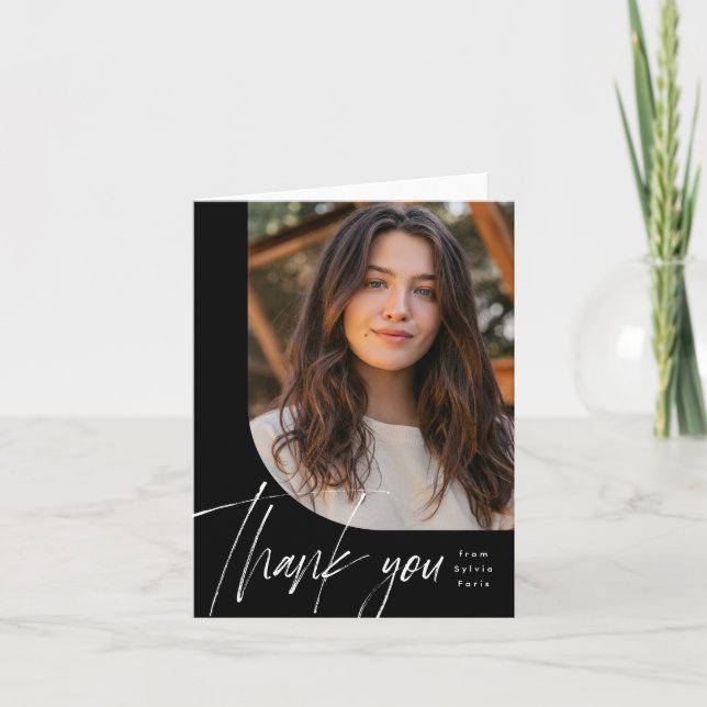 One photo modern black brush script graduation thank you card (Front)