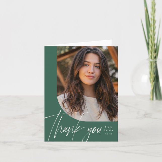 One photo modern green brush script graduation thank you card (Front)