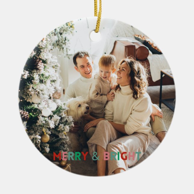 One Photo Modern Merry & Bright Simple Colourful Ceramic Tree Decoration (Front)