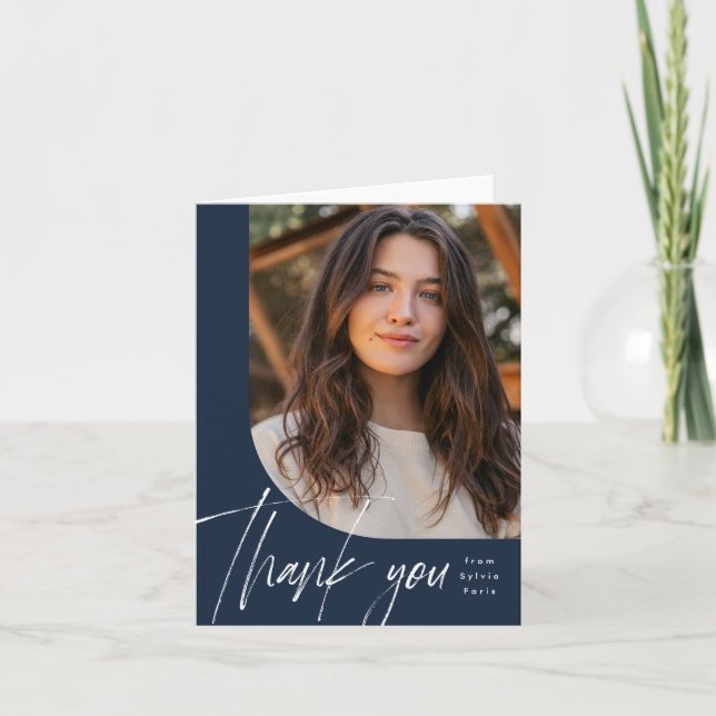 One photo modern navy brush script graduation thank you card (Front)