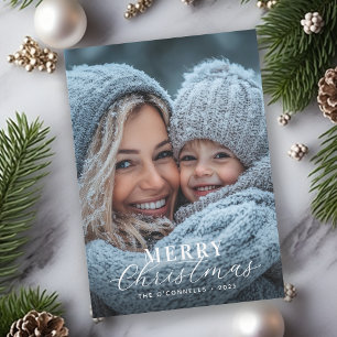 One Photo Modern Script Merry Christmas Holiday Card