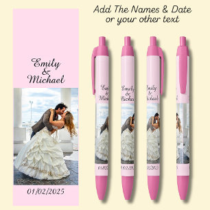 One Photo, Name Date, your text on soft pink, Pink Black Ink Pen