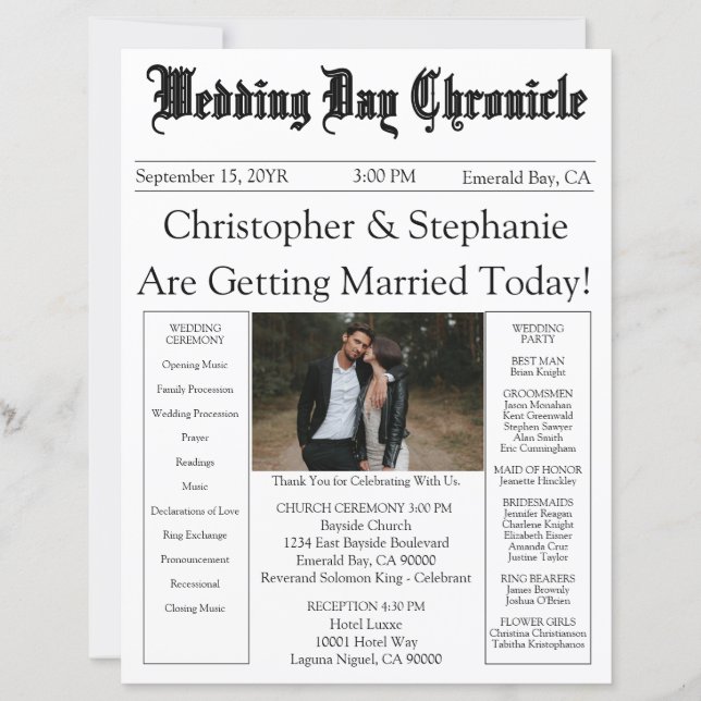 One Photo Newspaper QR Code White Wedding Program  (Front)
