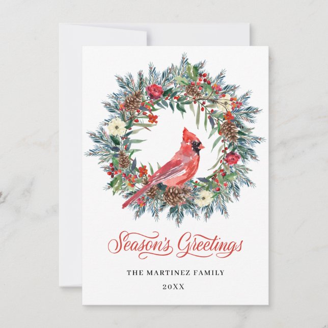 ONE PHOTO Pine Holly Christmas Wreath Red Cardinal Holiday Card (Front)