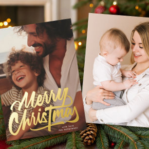 One Photo Retro Gold Merry Christmas Script Foil Holiday Card