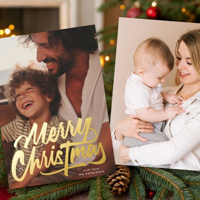 One Photo Retro Gold Merry Christmas Script  Foil Holiday Card (Creator Uploaded)