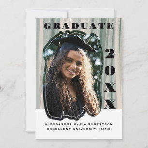 One photo sage green beige stripes graduation announcement