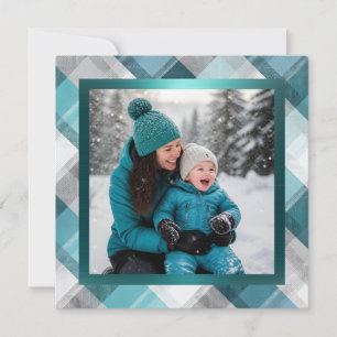 One Photo Teal Plaid and Faux Ribbon Christmas  Card