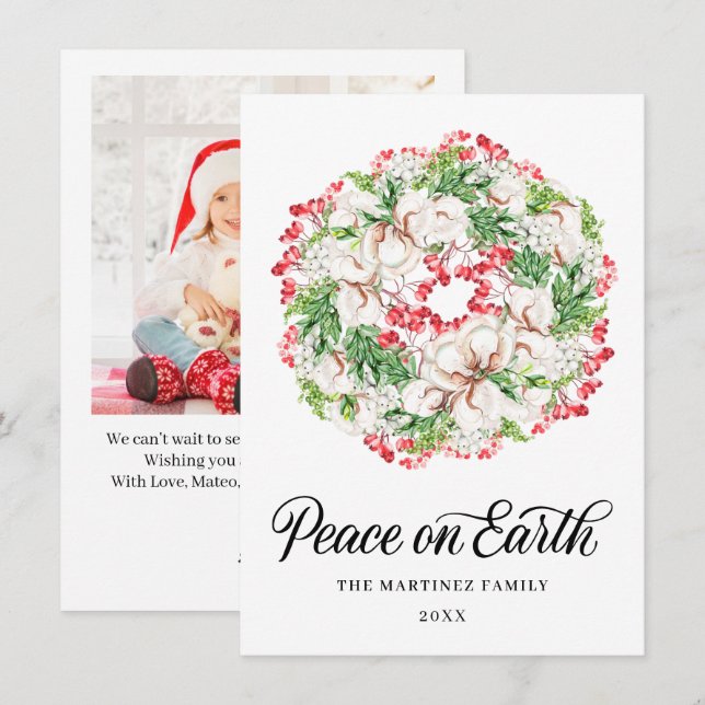 ONE PHOTO White Floral Christmas Wreath 2022 Holiday Card (Front/Back)