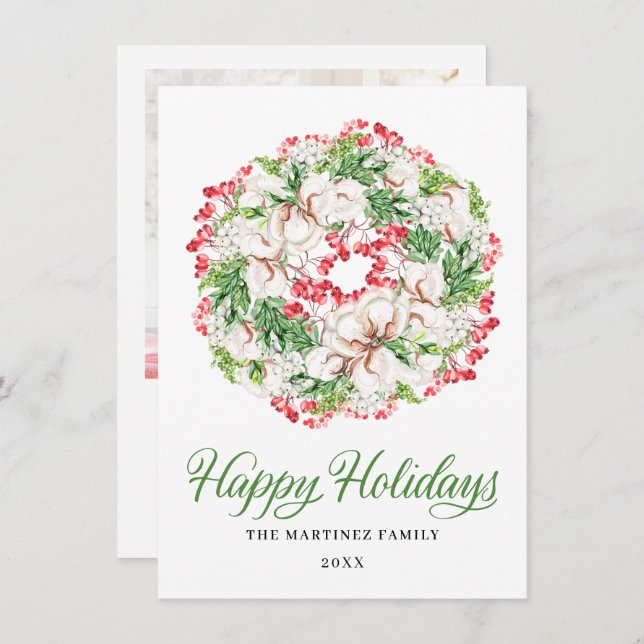 ONE PHOTO White Floral Christmas Wreath 2022 Holiday Card (Front/Back)
