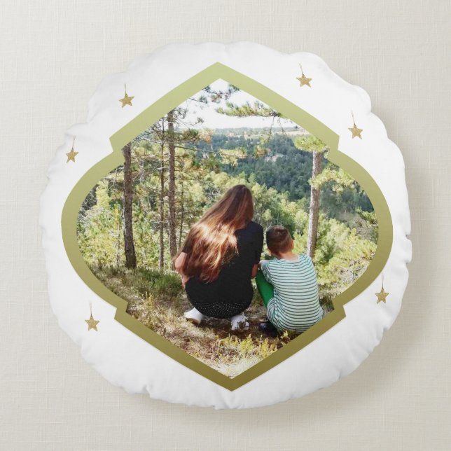 One-photo With Golden Frame And Stars Round Cushion (Front)
