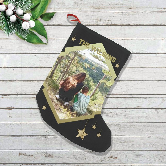 One-photo With Golden Frame And Stars Small Christmas Stocking (Creator Uploaded)
