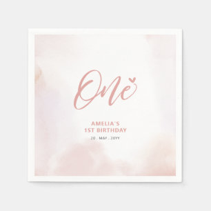 One   Pink Heart & Watercolor Girl 1st Birthday Napkin