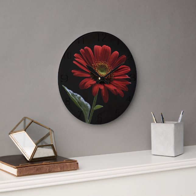 One Red Daisy Left Side On Black, Large Clock (Office)