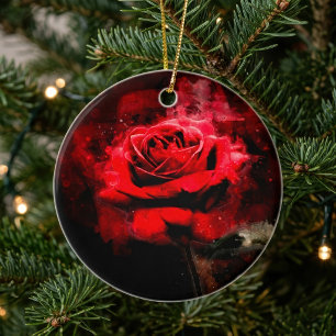 One Red Rose Watercolor on Black Background Ceramic Tree Decoration