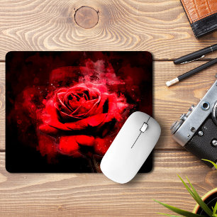 One Red Rose Watercolor on Black Background Mouse Mat