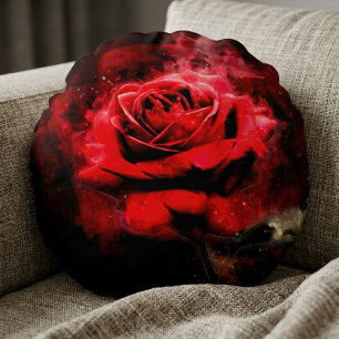 One Red Rose Watercolor on Black Background Round Cushion