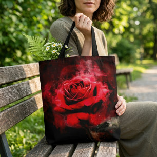 One Red Rose Watercolor on Black Background Tote Bag