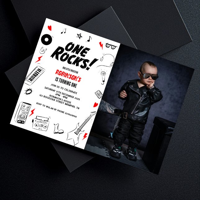 One Rocks Black white Rockstar 1st Birthday Photo Invitation (Creator Uploaded)