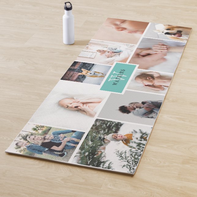 One Sided Teal Monogram Family Photo Collage Yoga Mat (In Situ)