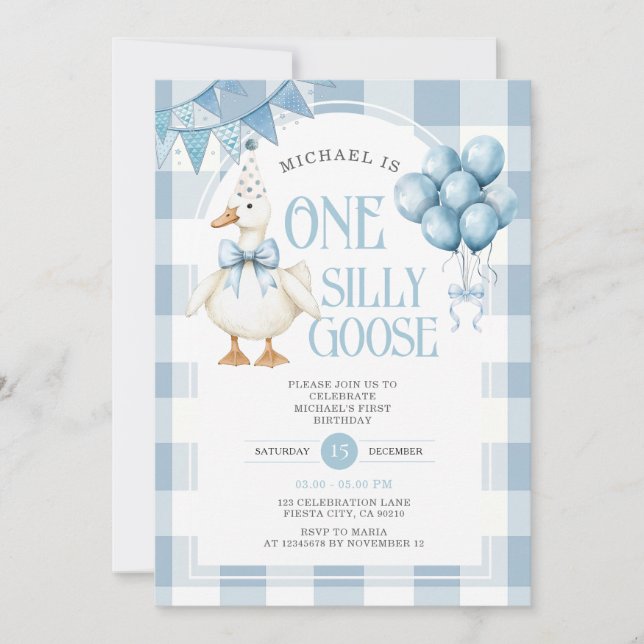 One Silly Goose 1st Birthday Balloon Blue Gingham  Invitation (Front)