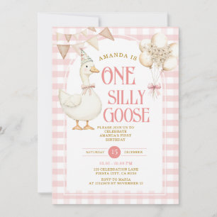 One Silly Goose 1st Birthday Balloon Pink Gingham Invitation