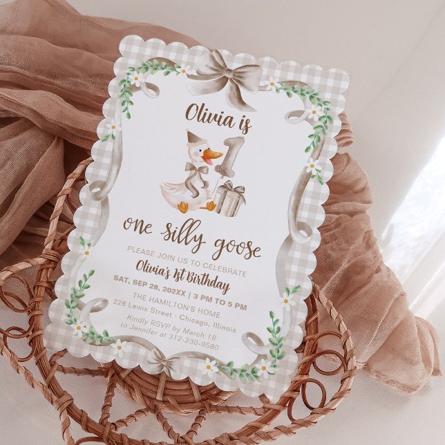 One Silly Goose 1st Birthday Beige & Brown Bow Invitation (Creator Uploaded)