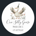 One Silly Goose 1st Birthday Cute Watercolor Classic Round Sticker<br><div class="desc">One Silly Goose 1st Birthday Cute Watercolor Style Sticker Label</div>