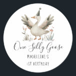 One Silly Goose 1st Birthday Cute Watercolor Classic Round Sticker<br><div class="desc">One Silly Goose 1st Birthday Cute Watercolor Style Sticker Label</div>