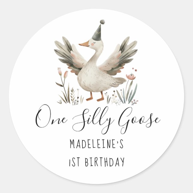 One Silly Goose 1st Birthday Cute Watercolor Classic Round Sticker (Front)