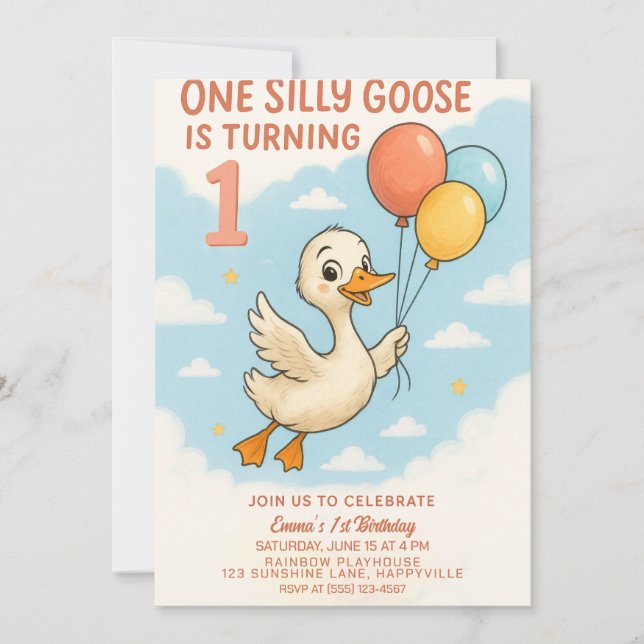 ONE Silly Goose 1st Birthday Invitation For Girls (Front)