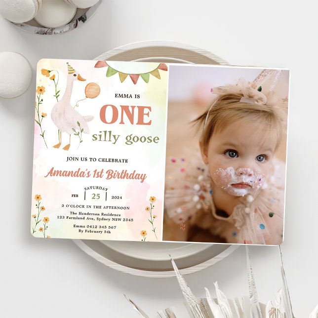 One Silly Goose 1st Birthday Party Photo  Invitation (Creator Uploaded)