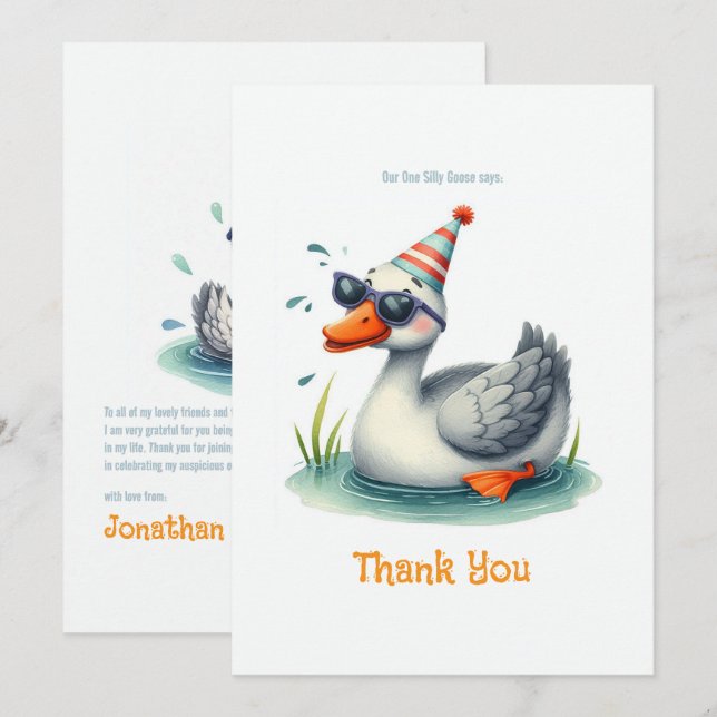 One Silly Goose 1st Birthday Thank You Card (Front/Back)