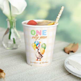 One Silly Goose 1st Birthday Yellow gingham plaid Paper Cups