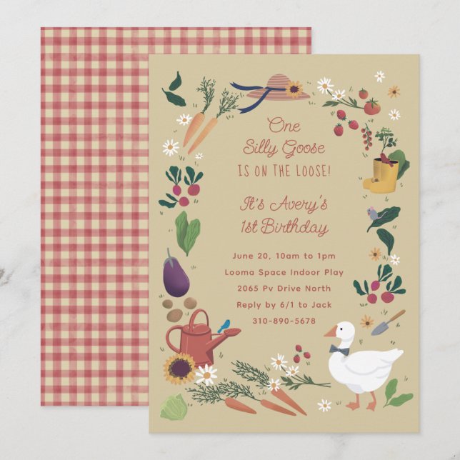 One Silly Goose Aged Farmer Garden Theme Birthday Invitation (Front/Back)