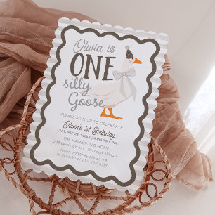One Silly Goose Beige Bow 1st Birthday Invitation