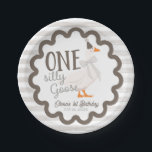 One Silly Goose Beige Bow 1st Birthday Paper Plate<br><div class="desc">Get ready to celebrate your little one’s first birthday with the One Silly Goose 1st Birthday Suite! This charming suite features an adorable goose wearing a cute pink bow, surrounded by a retro-inspired frame on a pink and white striped background. It’s perfect for capturing all those joyful moments! CUSTOMIZATION: If...</div>