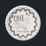One Silly Goose Beige Bow 1st Birthday Paper Plate<br><div class="desc">Get ready to celebrate your little one’s first birthday with the One Silly Goose 1st Birthday Suite! This charming suite features an adorable goose wearing a cute pink bow, surrounded by a retro-inspired frame on a pink and white striped background. It’s perfect for capturing all those joyful moments! CUSTOMIZATION: If...</div>