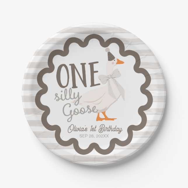 One Silly Goose Beige Bow 1st Birthday Paper Plate (Front)