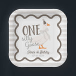 One Silly Goose Beige Bow 1st Birthday Paper Plate<br><div class="desc">Get ready to celebrate your little one’s first birthday with the One Silly Goose 1st Birthday Suite! This charming suite features an adorable goose wearing a cute pink bow, surrounded by a retro-inspired frame on a pink and white striped background. It’s perfect for capturing all those joyful moments! CUSTOMIZATION: If...</div>
