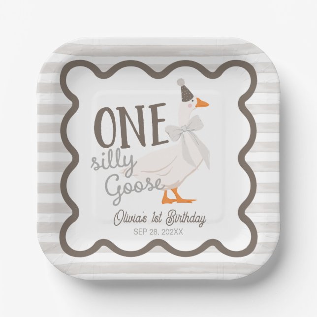 One Silly Goose Beige Bow 1st Birthday Paper Plate (Front)