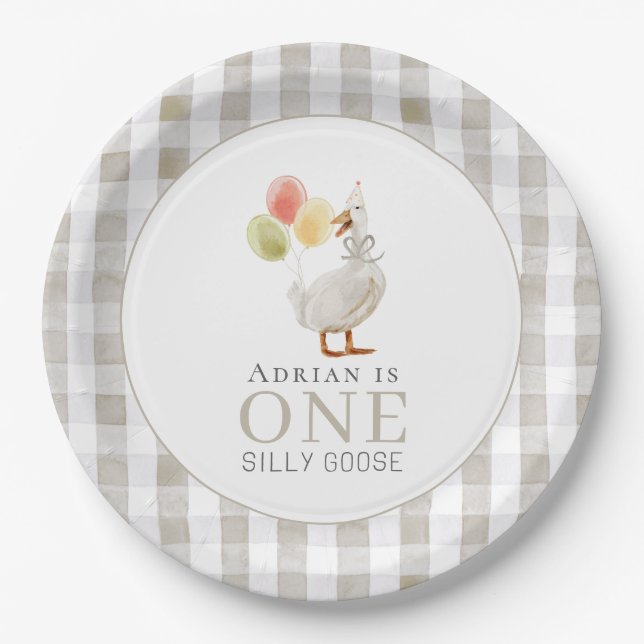 One Silly Goose Beige Gingham 1st Birthday Paper Plate (Front)