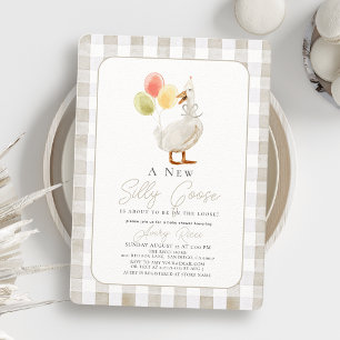 One Silly Goose Beige Gingham Baby Shower Invitation