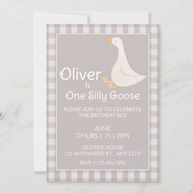 One Silly Goose Beige Gingham First Birthday Party Invitation (Front)